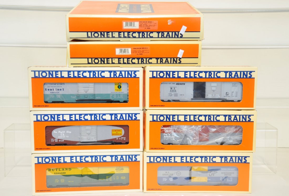 Lionel 19276 & 19266 #6464 Boxcar Series: Includes Series III & V, with B&O, Rutland, C of G, RI, NYC & MP. They are unrun, boxed with set boxes, C10