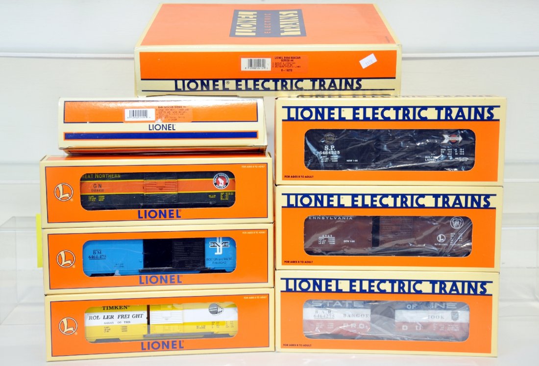 Lionel 29209 & 19272 #6464 Boxcar Series: Includes series 4 & VII, with GN, Timken, B&M, SOM, PRR & SP. They appear unrun with boxes & set boxes, C10