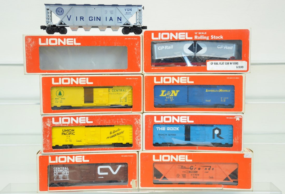 8 Lionel MPC Freight Cars: Includes boxcars- 9752 L&N, 9753 MC, 9782 Rock, 9737 CV, 9717 UP, 9134 Virginian & 9112 D&RGW hoppers, 9149 CP Rail piggy back flat. All show light runtime, all having C9 bodies with boxes