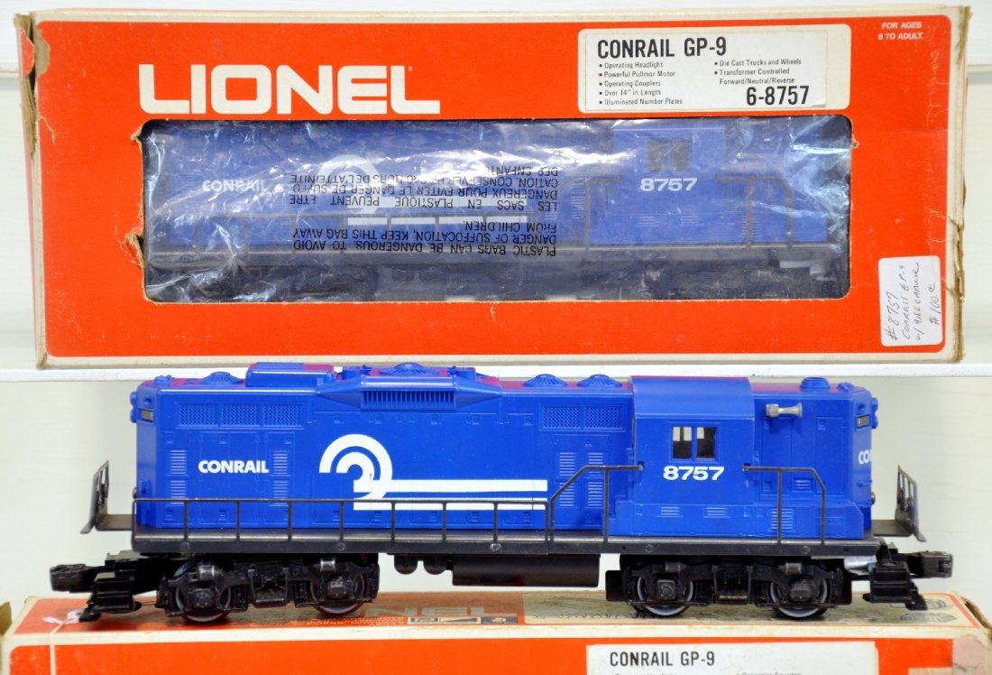 Clean Lionel 8757 Conrail GP-9 AA Diesels: Both are powered and show light runtime with worn boxes, C9
