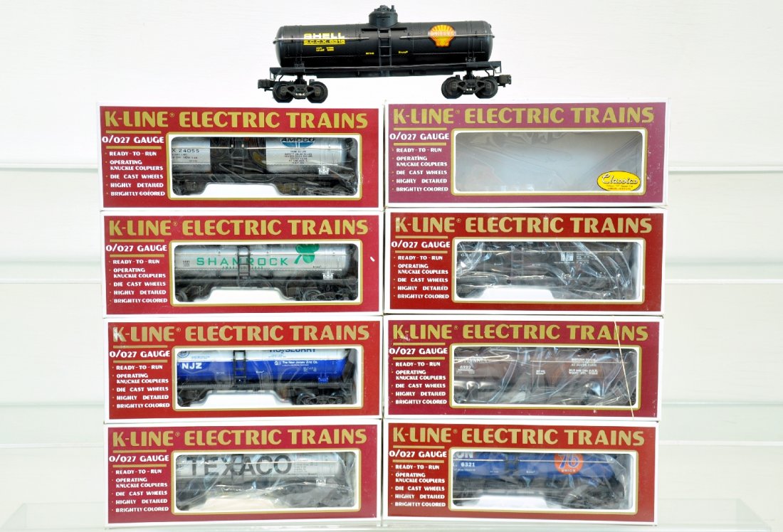 8 Mint K-Line Classic Tank Cars: Includes K6340 Texaco; 6316 Shell; 6322 PRR; 6321 Union 76; 6331 Shamrock; 6341 NJ Zinc; 6333 Amoco; 6342 Frisco. All are mint in box, C10