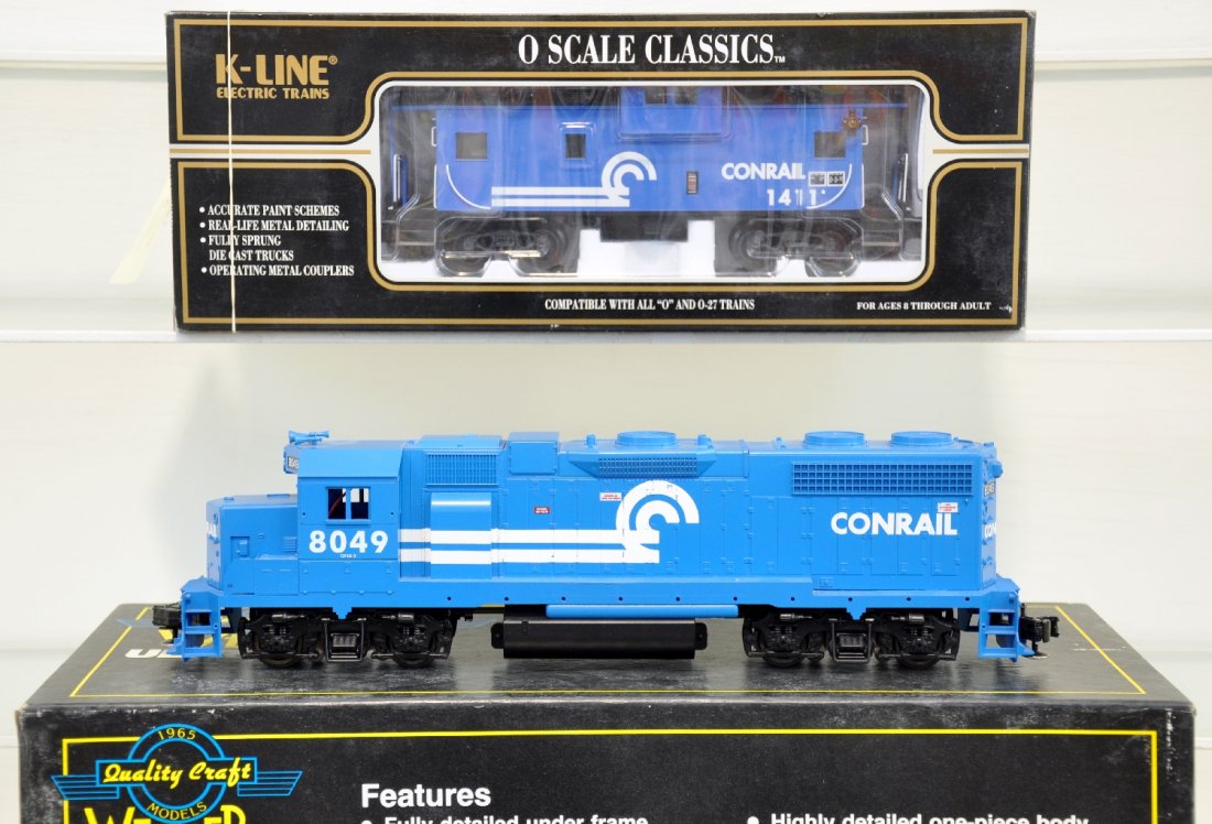 LN Weaver Ultra Line Conrail GP38-2 Diesel & Caboose: Nice 8-wheel drive diesel that shows light runtime with all handrails present; K613-11411 K-Line Conrail extended vision caboose, C8+-9