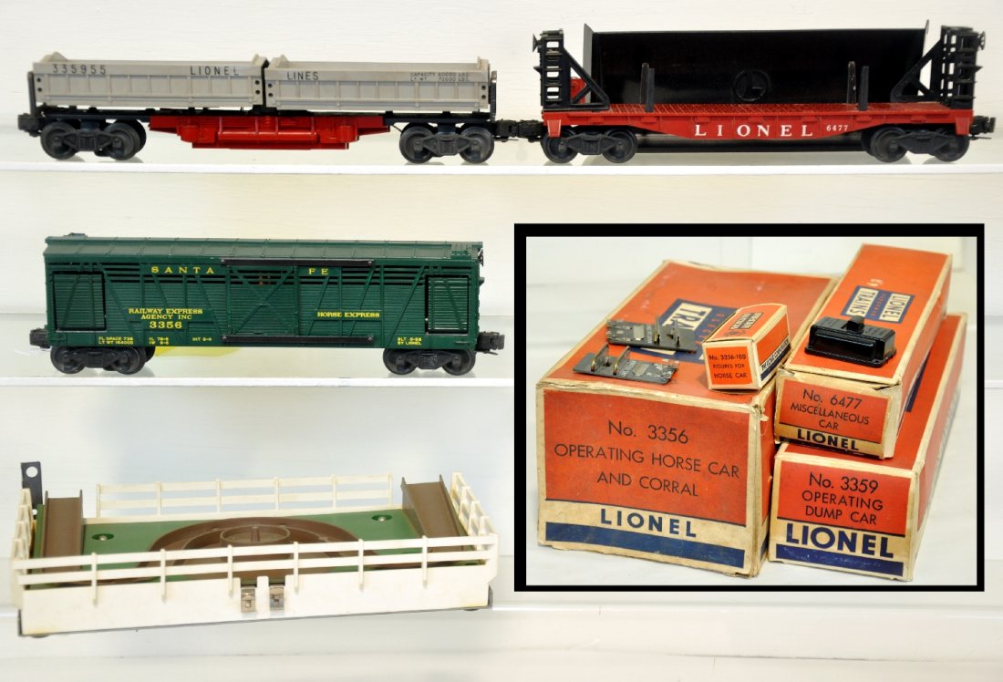 3 Boxed Lionel Freight Cars: Includes 6477 bulkhead flat; 3356 horse car with platform, CTC, 364C & -100 box; 3359 double dump car, 160 & CTC, all missing loads. They show light playwear with nice boxes, otherwise should clean to