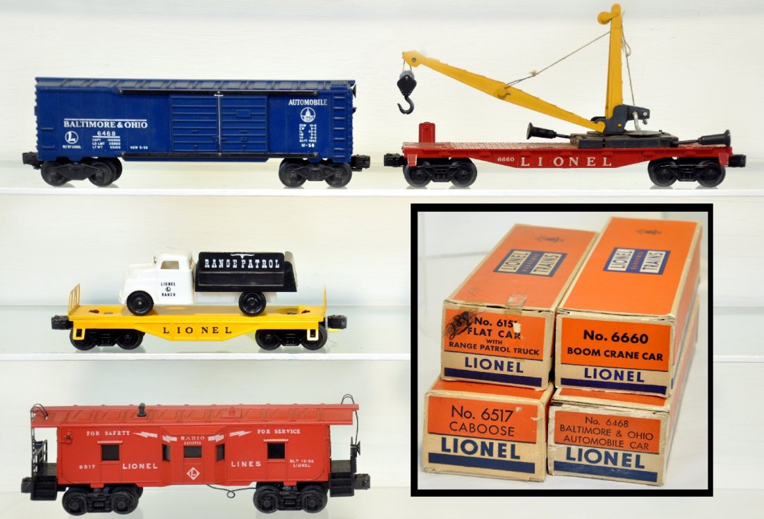 4 Boxed Lionel Freight Cars: Includes 6151 range patrol flat; 6517 bay window caboose; 6670 flat with boom crane; 6468 B&O boxcar. All show light playwear with boxes, C7