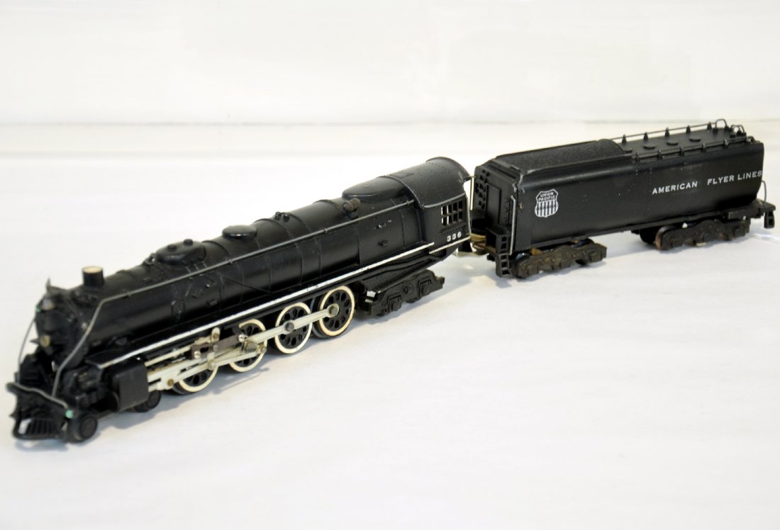 Clean American Flyer 336 UP Northern: S Gauge. Nice 4-8-4 steam loco. It has nice matte patina with strong lettering, even on number boards. The white stripes are 95% and it shows light to moderate playwear, C7-