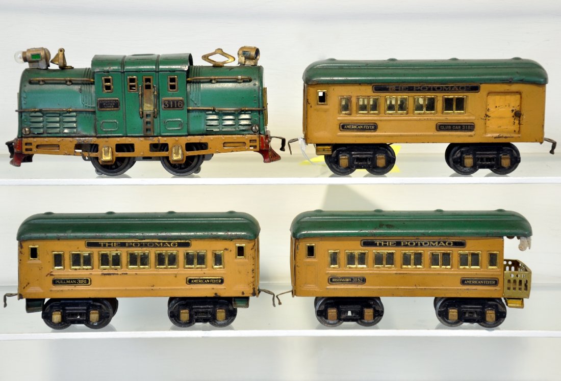 American Flyer Potomac Set: Includes a 3116 Shasta electric loco; wheels turn freely; 3180 combine; 3181 Pullman; 3182 observation. All match and show moderate playwear, C5+-6