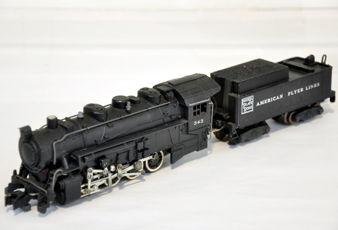American Flyer 343 NPR Switcher: S Gauge. Nice 0-8-0 switcher & tender. It is clean and ready to run, showing light to moderate playwear, C7-