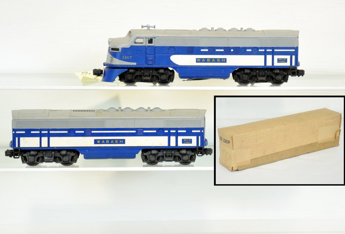 Lionel 2367 Wabash F3 AB Diesels: Double motor diesels, 2367 A power unit, decal is 95% with clean battery box & C8 ob; 2367C B-Unit, heat stamped lettering. It needs a cleaning, but should match A unit nicely. Both show moderate runt