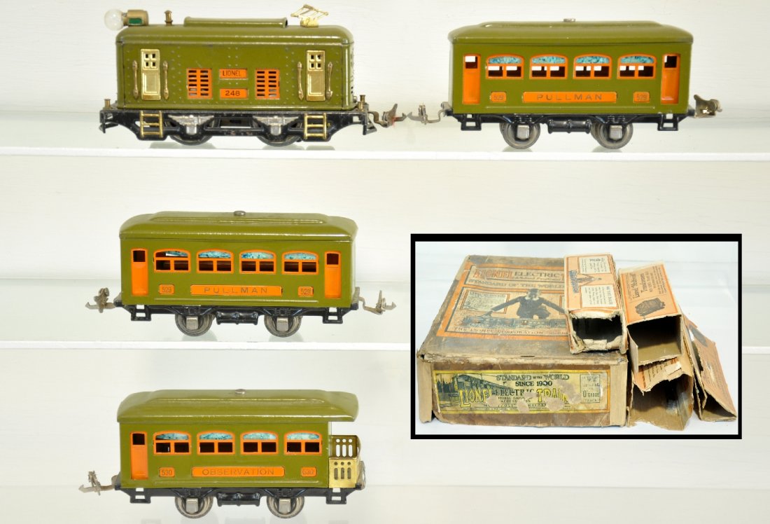 Unusual Boxed Lionel WH Special Set: Circa 1932-3. Includes a scarce light olive 248 boxcab electric, some spider webbing to finish, with matching 2 #529 Pullmans; 530 observation. They show light to moderate playwear with rough boxes &