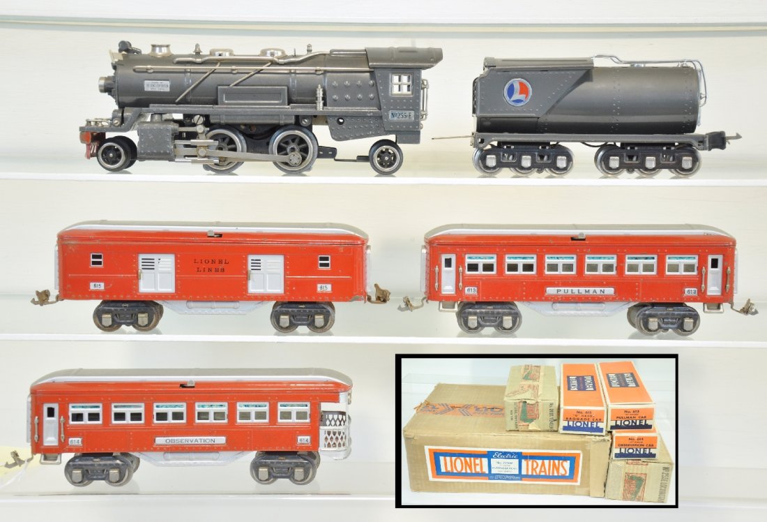 Rare Boxed Lionel 255E Set 276W: 1935 Only. Includes a 255E steam loco, ALL ORIGINAL STRAIGHT CASTINGS; 263W tender with manual box couple, nicely replaced bulkhead; 615 Baggage; 613 Pullman; 614 observation. Cars are red with red/si