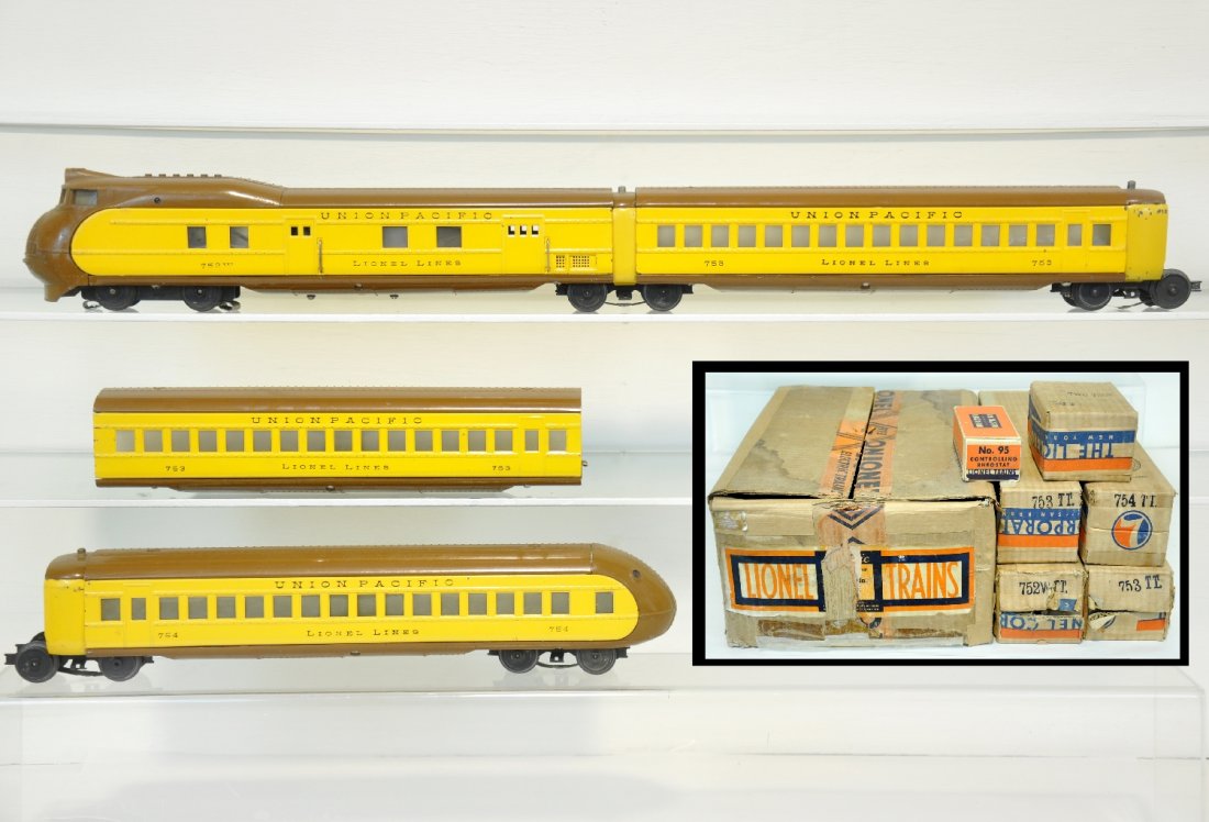 Boxed Lionel City of Portland Set 751W: Circa 1937. Including a 752W diesel; 2 #753 coaches; 754 observation. All are clean & shiny with nice lettering. The bellies are 98%. It has its boxes & taped set box, label is incomplete. Trains grad