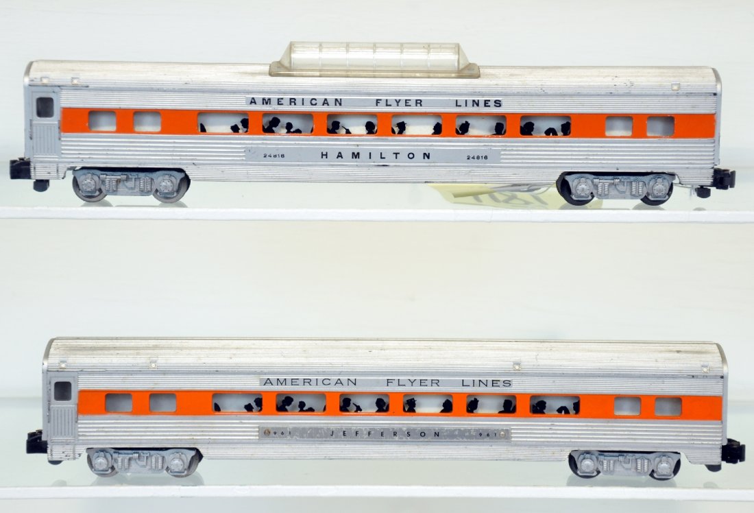 2 American Flyer NH Passenger Cars: S Gauge. Includes a 24816 vista dome; 961 Jefferson Pullman. They are intact, showing moderate playwear, C6