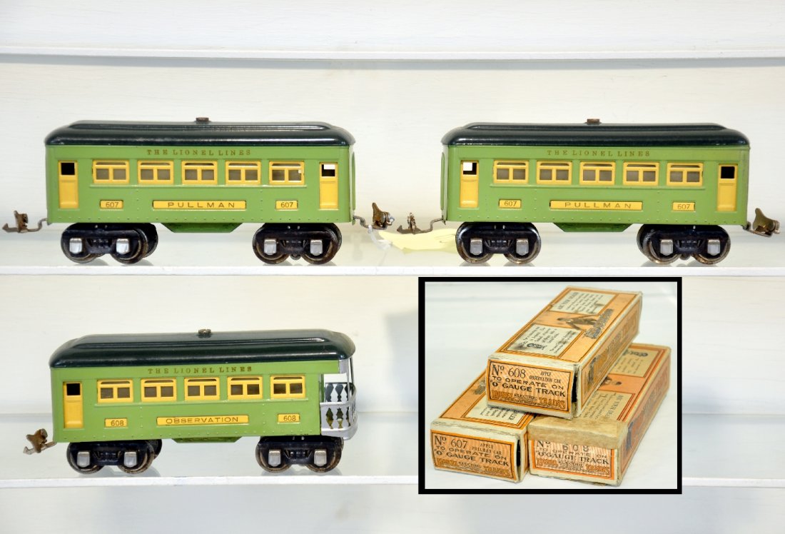 3 Boxed Lionel 607 Passenger Cars: Super 1935 style cars with fish bellies. There are 2 #607 Pullmans & 608 observation. Clean & shiny with strong lettering just waiting for a gunmetal 259E or matching 253E to pull them! Early boxes, C