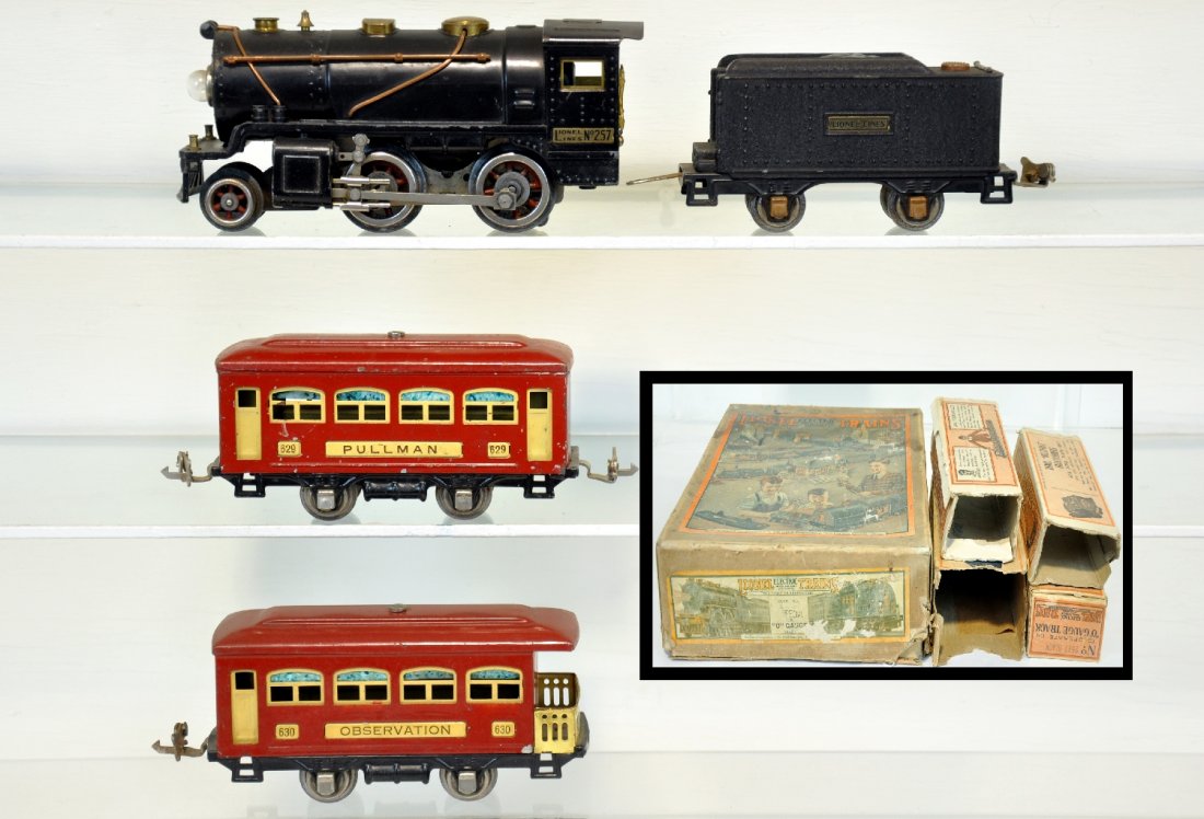 Rare Boxed Lionel Uncataloged Set, #66 Special: Circa 1932. Using up the early production pieces. Includes a scarce black frame 257 loco with crackle finish 257T cast tender; 629 Pullman; 630 observation. All show moderate playwear with incomplete 