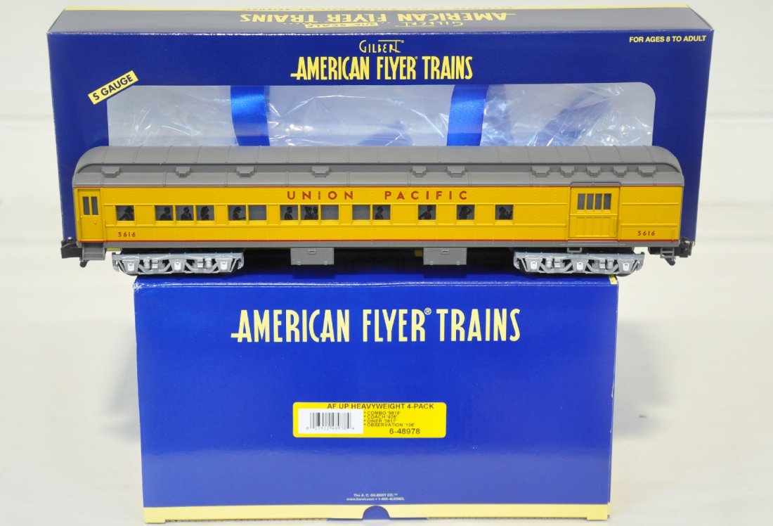Lionel American Flyer 48978 UP Passenger Cars: S Gauge. Includes 5616 combine; 405 coach; 3617 diner; 106 observation. They are new in boxes with master box & shipper, C10