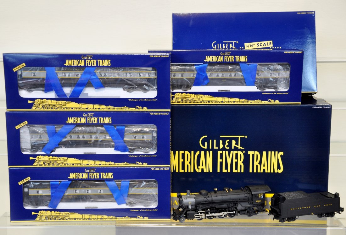 Lionel American Flyer 49612 B&O Passenger Set: S Gauge. Includes 48037 B&O Mikado, equipped with Command, RailSounds 5.0, CrewTalk, TowerCom, DynaChuff and more. 48957 combination car, 48958 coach car 3550, 48959 coach car 3551, 48960 B&O Observat