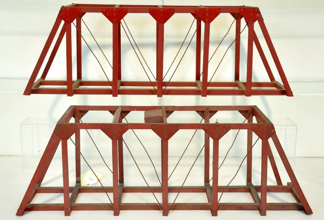 2 American Flyer 211 Wooden Trestle Bridges: 27 1/2" log each with 7 3/4" clearance. One is complete and intact, C7, the other needs some TLC, C3