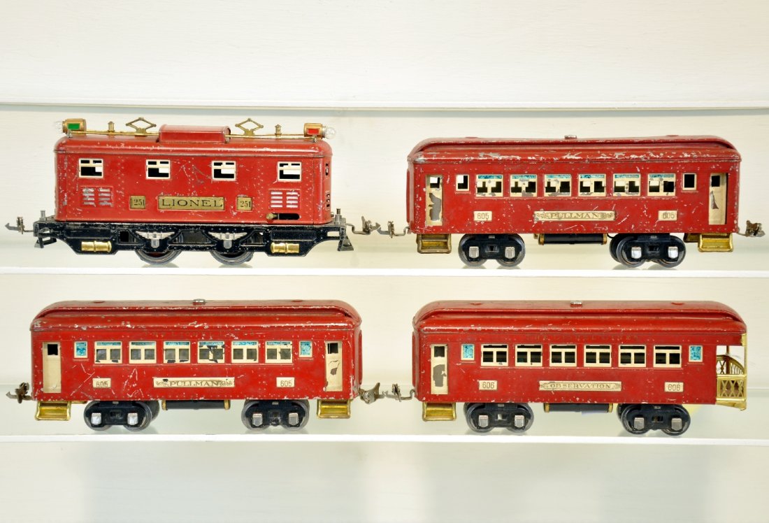 4Pc Lionel 251 Passenger Set: Circa 1930. Includes a 251 Boxcab electric that has been rewheeled & rewired ready to run; 2 #605 Pullmans; 606 observation. All are clean and show moderate to heavy playwear, C5-5+
