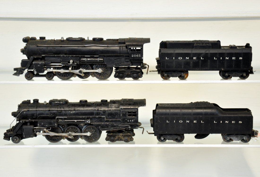 Lionel 2065 & 646 Steam Locomotives: Lionel 2056 Loco with 6026W tender, 1 replaced screw, one truck missing roller assembly; 646 Hudson loco; 2046W tender, trucks are rusty. Both show moderate to heavy playwear, C5