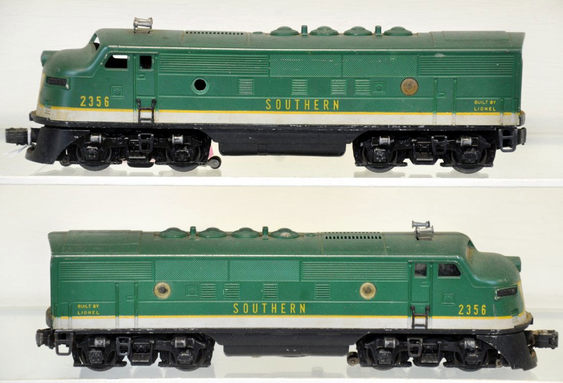 Lionel 2356 Southern F3 AA Diesels: Nice dual motor diesels, battery box is clean. Power has small nick on one vent. Decals are 90%. They need a cleaning and show moderate playwear, C5-6