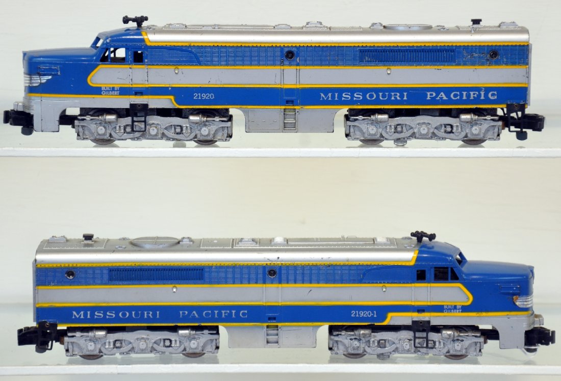 American Flyer 21920 & -1 MP PA Alco Diesels: S Gauge. Nice matched Missouri Pacific AA diesels with strong graphics. One nose sticker is 60%. Otherwise, they show moderate playwear, clean C6