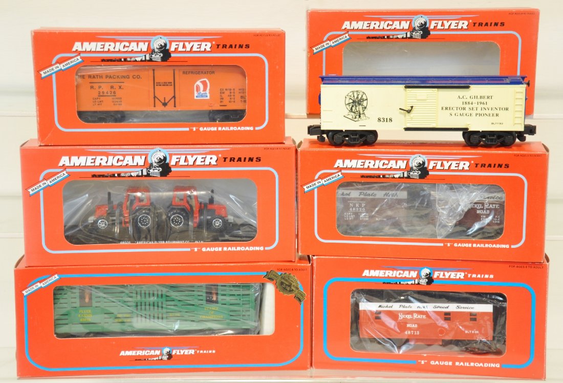 6 Lionel American Flyer Freight Cars: S Gauge. Includes AC Gilbert Boxcar 48318, Nickel Plate Road caboose 48713, flatcar 48509, NPR boxcar 48320, Rath Packing refrigerator car 48317, Stable of Champions horse car 49010. Some cars are unr