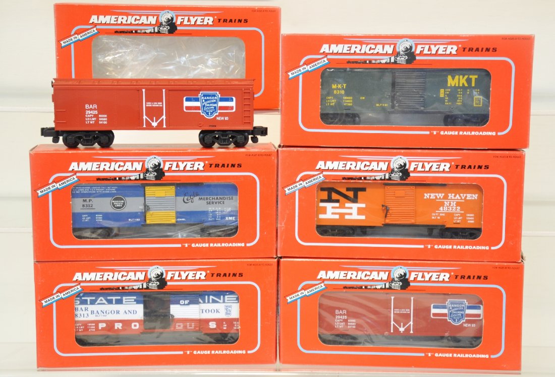 6 Pc Lionel American Flyer Freight Cars: S Gauge. Includes 2 Bangor & Aroostook Refrigerator Cars 48316, Boxcar 48313, New Haven Boxcar 48322, Missouri Pacific Boxcar 48312, Missouri, Kansas and Texas Boxcar 48310. These cars are unrun in Ob