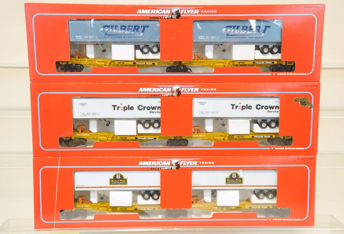 3 Lionel American Flyer TTUX Flat Cars: S Gauge. Includes 48511 Triple Crown; 48514 Gilbert & 48493 SP. All are mint in boxes, C10