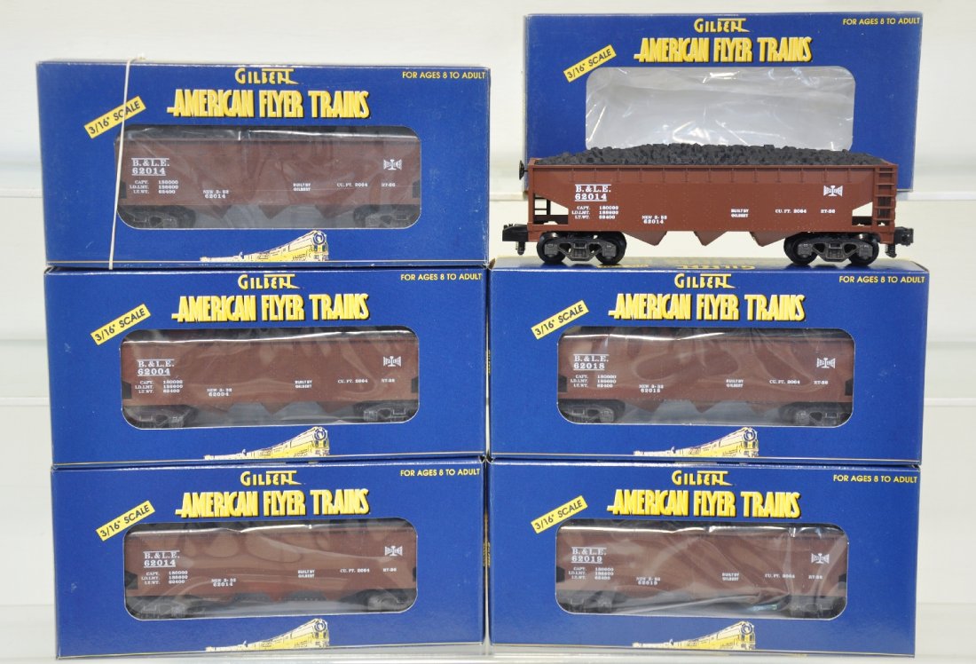 Lionel American Flyer B&LE Hoppers: S Gauge. Includes 48613 4-pack; 48613 & 48614 additional hoppers. All appear mint in boxes, 4-pack has shipper, C10