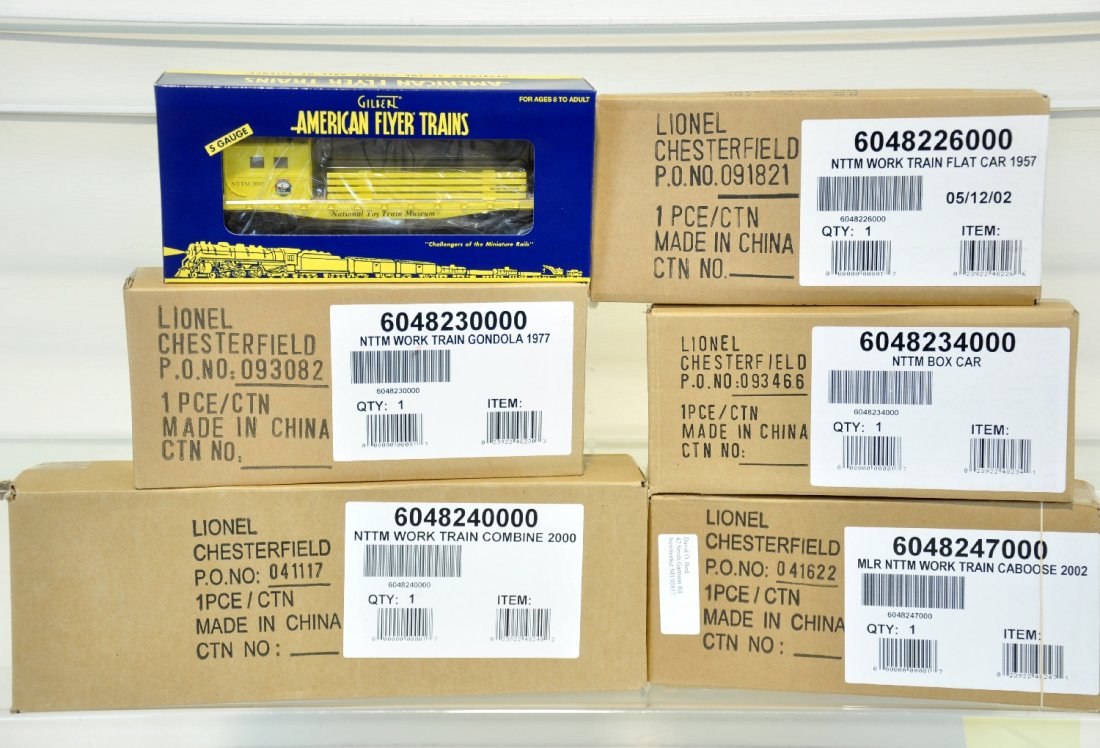 Lionel American Flyer NTTM Work Train Cars: S Gauge. Includes flatcar 1957 48226, gondola 1977 48230, boxcar 48234, combine 200 48240 and 2 MLR NTTM work train cabooses 2002 48247. These units are unrun in Obs. C10