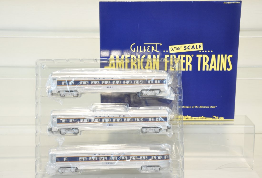 Lionel American Flyer Santa Fe Passenger Car 3-Pack: S Gauge. 49930 -Coach, vista dome & observation. Cars come equipped with Die-Cast Metal Trucks, Interior Lighting and Operating Couplers. These cars are unrun in Obs. C10