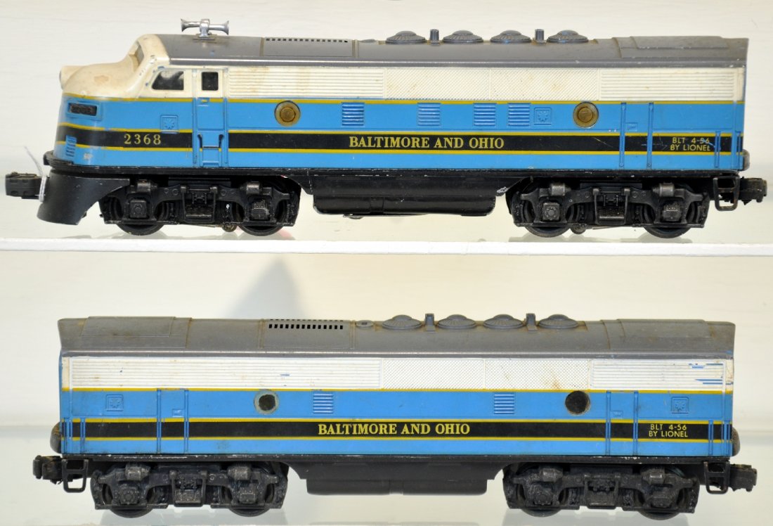 Lionel 2368 B&O F3 AB Diesels: Clean matched set with good battery box. Both units have drilled out porthole openings, missing 1 lens. They show moderate to heavy playwear, otherwise, o/w C5
