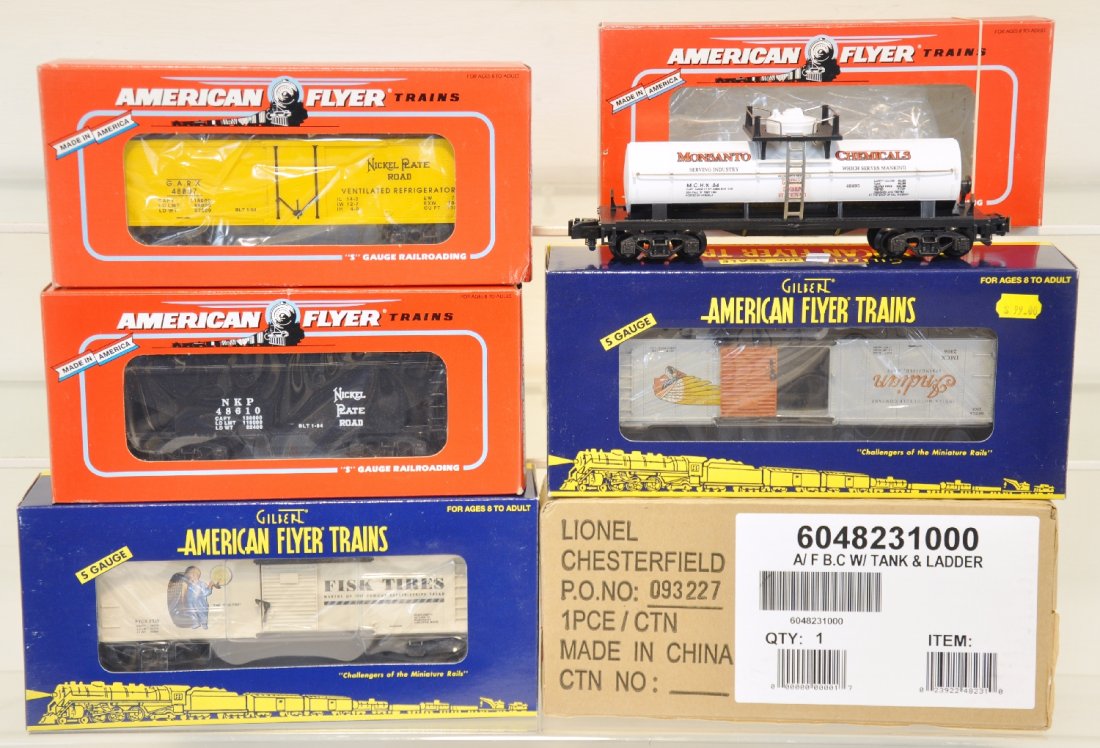 6 Lionel American Flyer Freight Cars: S Gauge. Includes a 48231 BC tank & ladder, sealed in shipper; 48610 NPR hopper; 48807 NPR reefer; 48495 Monsanto tank car; 48248 Indian Motorcycle boxcar (NETCA); 48242 Fisk Tires boxcar (NETCA). All