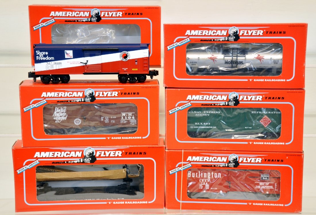 6 Lionel American Flyer NASG Freight Cars: S Gauge. Includes 48478 Burlington boxcar; 48486 NYNH&H boxcar; 48481 REA reefer; 48485 NP boxcar; 52095 Mobilgas tank; 48479 NKP flat. All are new in boxes, C10