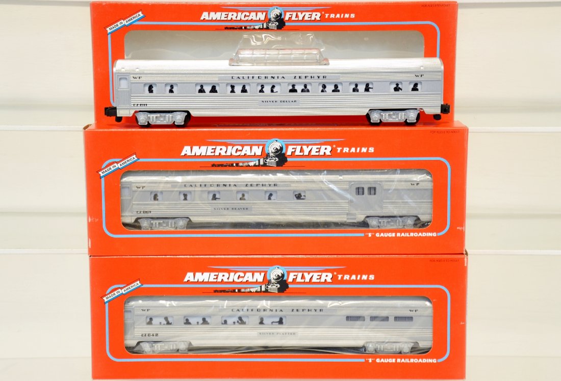 Lionel American Flyer WP Passenger Cars: S Gauge. Includes "Silver Dollar" vista dome 48930, "Silver Platter" dining car 48932, California Zephyr "Silver Beaver" combo car 48926. These cars are unrun in Obs. C10