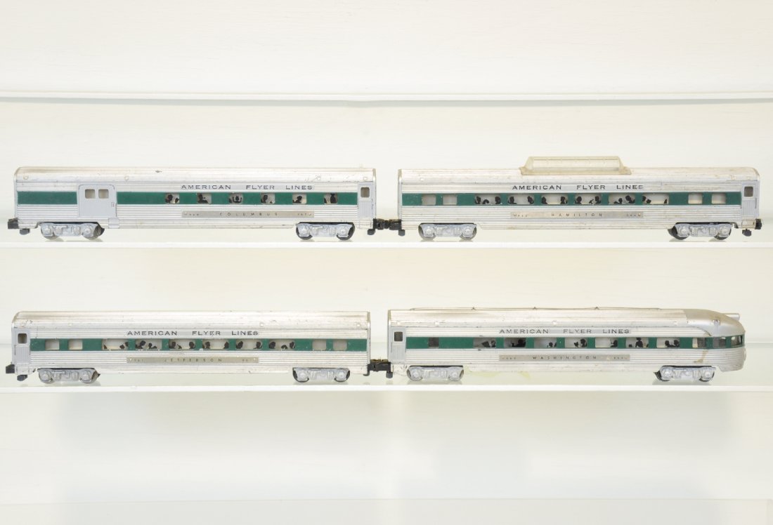 4 American Flyer Rocket Passenger Cars: S Gauge. Includes a 960 combine; 961 coach; 962 vista dome & 963 observation. They are a matched set, showing moderate playwear, C5-6