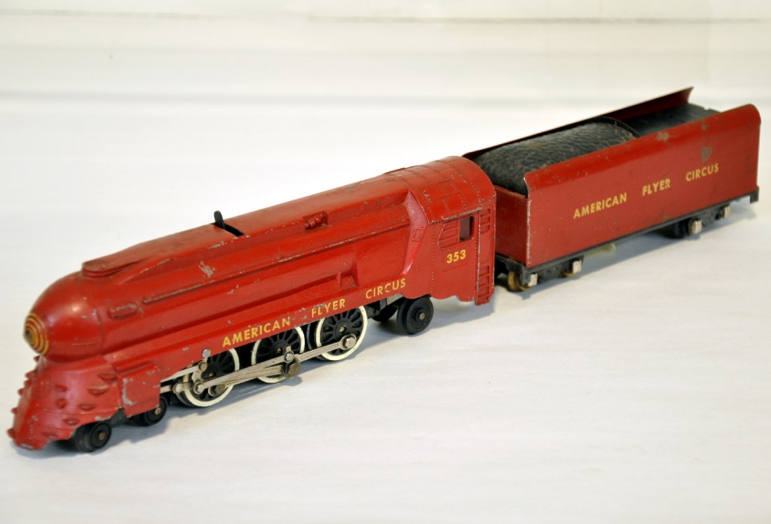 American Flyer 353 Circus Locomotive: S Gauge. 1950 production, clean & shiny, with nice lettering. It shows moderate playwear, C6
