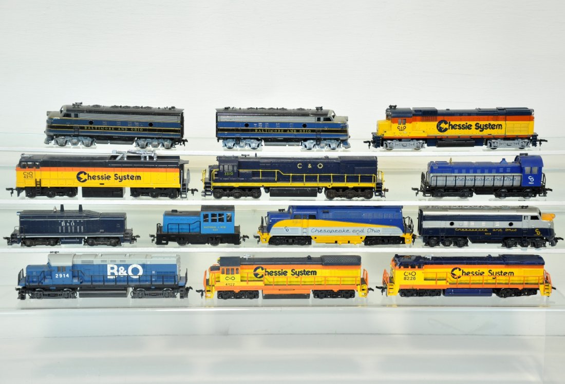 13PC B&O, C&O HO Diesels: Includes Mantua Chessie Diesel, cab 4301, no handrails; 2 Bachmann Chessie Mac diesels, cabs 8226 & 4127; Bachmann Chessie Rectifier; Early Athearn B&O F7 AA set; AHM C&O Baldwin, cab 7826; Temp BL2; 