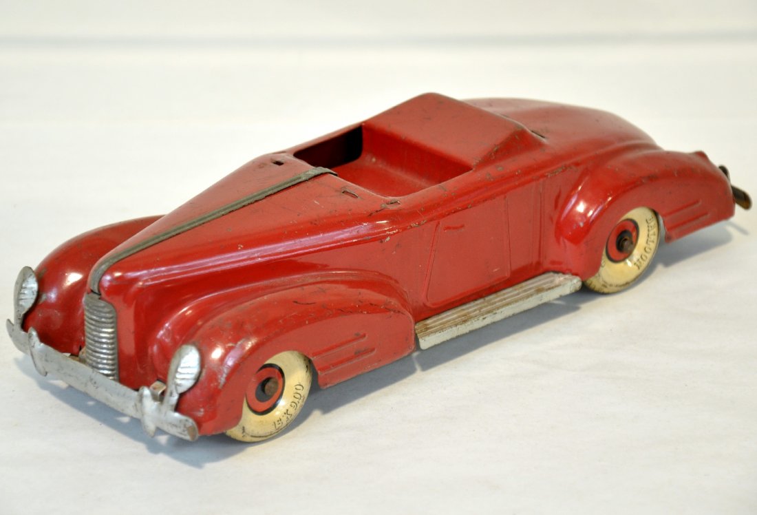 Marx La Salle Coupe: Painted pressed tin with litho balloon wheels. It is missing its top, otherwise clean & shiny, showing moderate playwear, C6