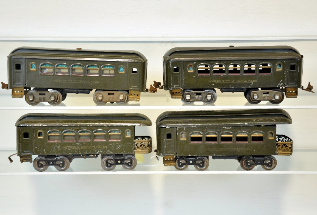 4 Early Lionel Passenger Cars: Standard Gauge. Includes 2 #35 Pullmans; 2 #36 observations, 1 missing roof screw. They are fairly clean, showing moderate playwear, C6