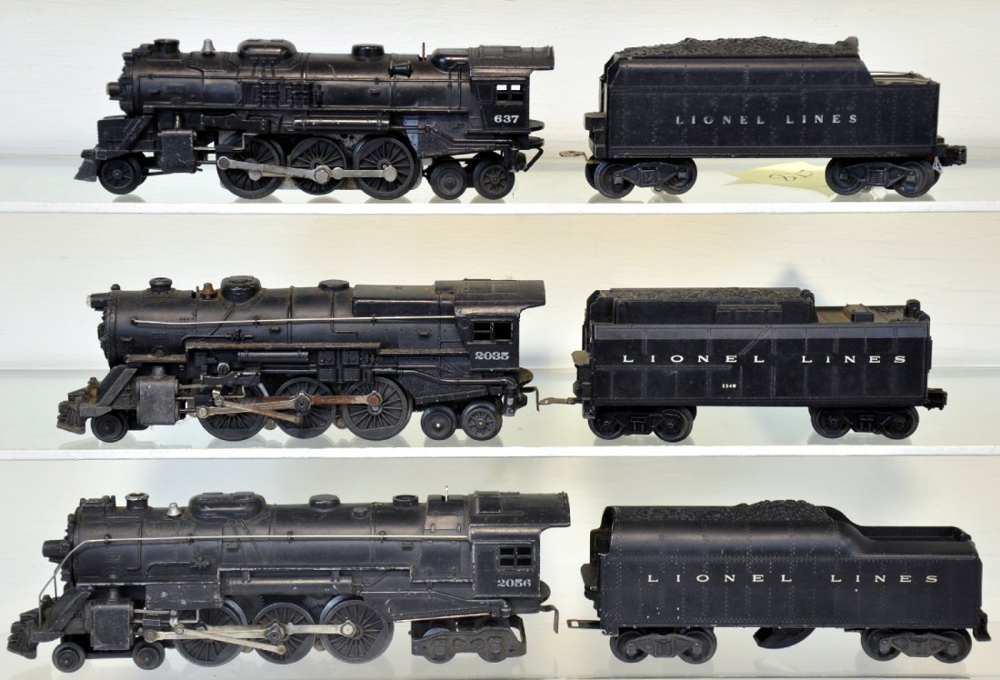 3 Lionel Postwar Locomotives: Includes 637 Prairie loco; 234W tender 2 broken steps; 2056 loco; 2046W tender, cracked shell; 2035 loco; 2466W tender. All need a cleaning and show moderate playwear, C5