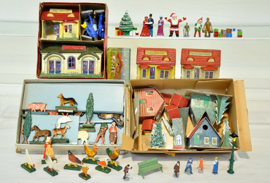 Christmas House & Figure Lot: Includes a selection of 1940s cardboard Christmas buildings, several Japanese composition buildings and figures, 1 set boxed; an unusual set of hand painted 2d wood farm figures and accessories, plus 