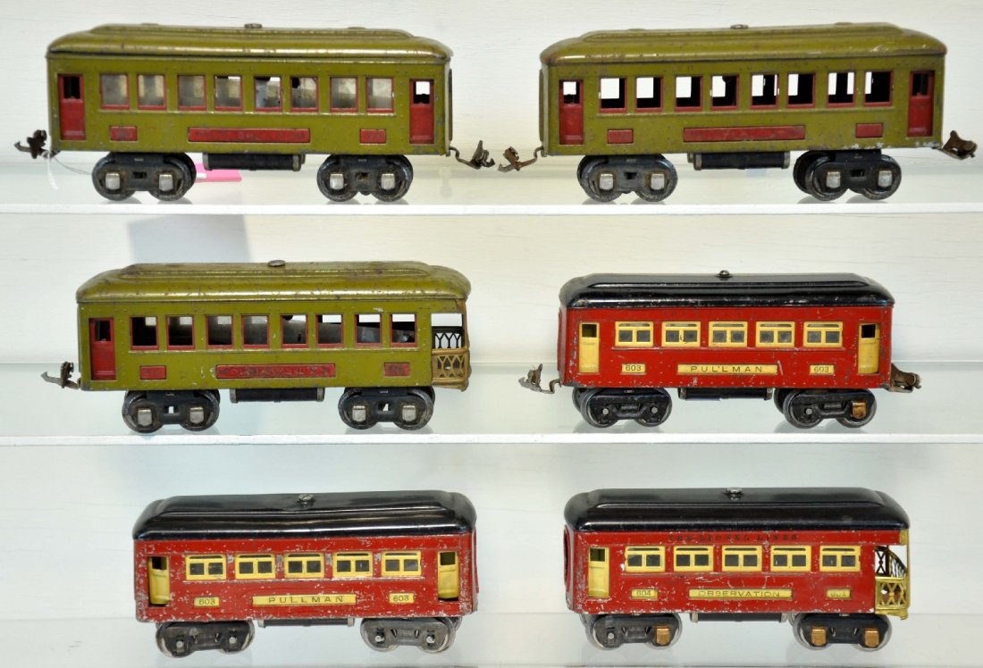 6 Lionel Passenger Cars: Includes 2 #610 Pullmans & 612 observation in light olive; 2 #603 Pullmans; 604 observation in red with black roofs (touched up). All otherwise show moderate playwear, C4-5