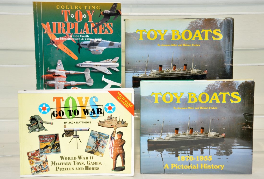 4 Good Toy Reference Books: Includes 2 Toy Boats 1870 to 1955; Collecting Toy airplanes; Toys Go To War. All clean with great resource information