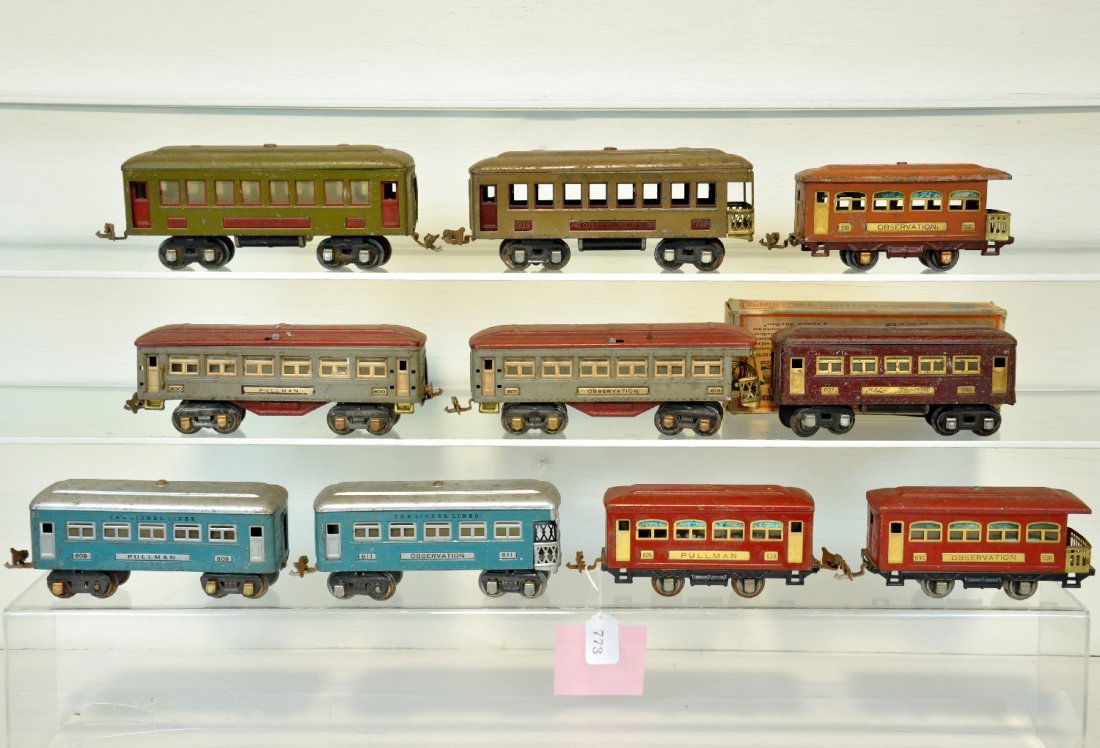 10 Assorted Lionel Passenger Cars: Includes a 607 Macy's Pullman; 609 Pullman; 611 observation; 600 Pullman; 601 observation; 610 Pullman; 530 observation; 612 observation; 530 Pullman; 530 observation with worn box. All are dirty, sho