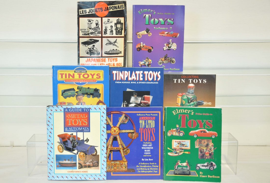 8 General Vintage Toy Collector Books: Includes Le Jouets Japonais, Japanese Toys; Post-War Tin Toys, Tin toys both by Tempest; Tinplate Toys, Schuco, Bing & Others by Shiffer; Metal Toys & Automata by King; American Litho Toys by Kerr; El