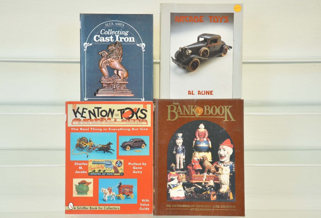4 Cast Iron Toy Reference Books: Includes Kenton Toys by Shiffer; Arcade Toys by Aune; Cast Iron by Ames; The Bank Book by Norman. All a must for the serious collector
