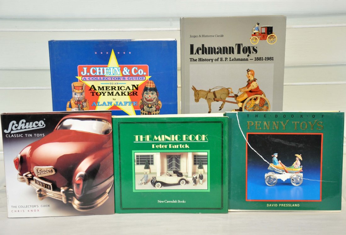 5 Great Toy Reference Books: Includes Schuco by Knox; The Minic Book by Bartock; Penny Toys by Pressland; J. Chein Co. by Jaffe; Lehmann Toys by Cieslik. The base for your library