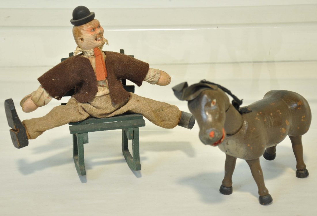 Schoenhut Tramp, Donkey & Chair: Unusual full size tramp figure; painted eye donkey, missing tail and a wood rocking chair, unmarked. All show moderate playwear, C6-6+