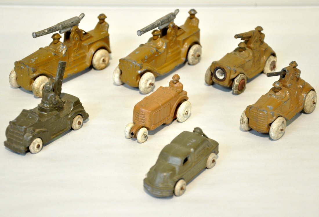 7 Barclay Military Vehicles: Includes 2- 4" mobile AA guns; 3" mobile AA gun; 3" mobile flak gun; 3" motor unit & tractor. They are intact and show light to moderate playwear, C6-7